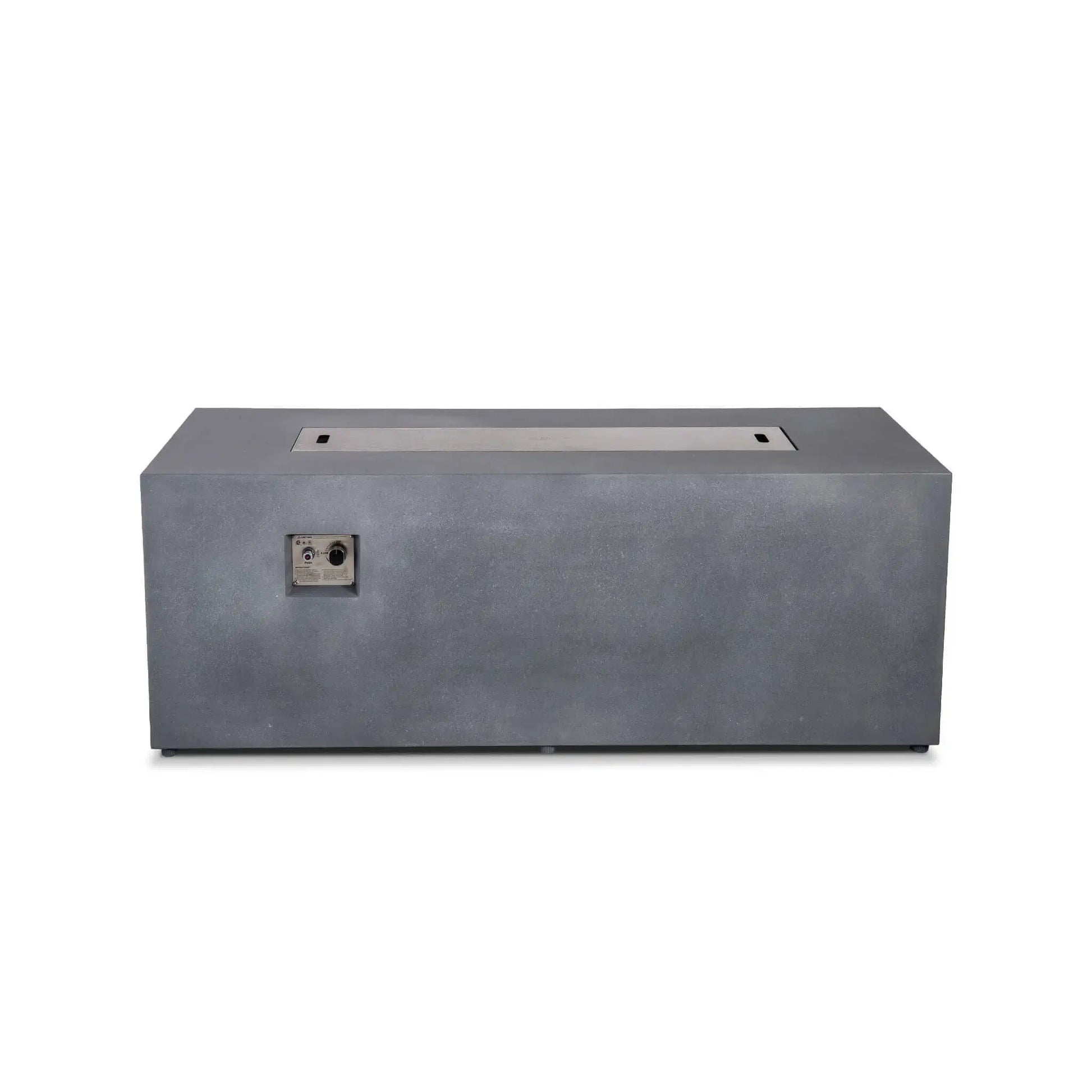 Straight front view of the Flame Havens Refuge Series 68 x 30 x 24-inch rectangular propane gas fire pit in gray GFRC concrete, shown with a flush stainless steel burner cover featuring two built-in hand openings and recessed ignition controls on the front.