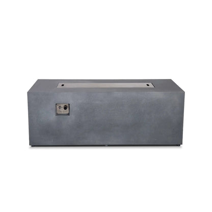 Straight front view of the Flame Havens Refuge Series 68 x 30 x 24-inch rectangular propane gas fire pit in gray GFRC concrete, shown with a flush stainless steel burner cover featuring two built-in hand openings and recessed ignition controls on the front.