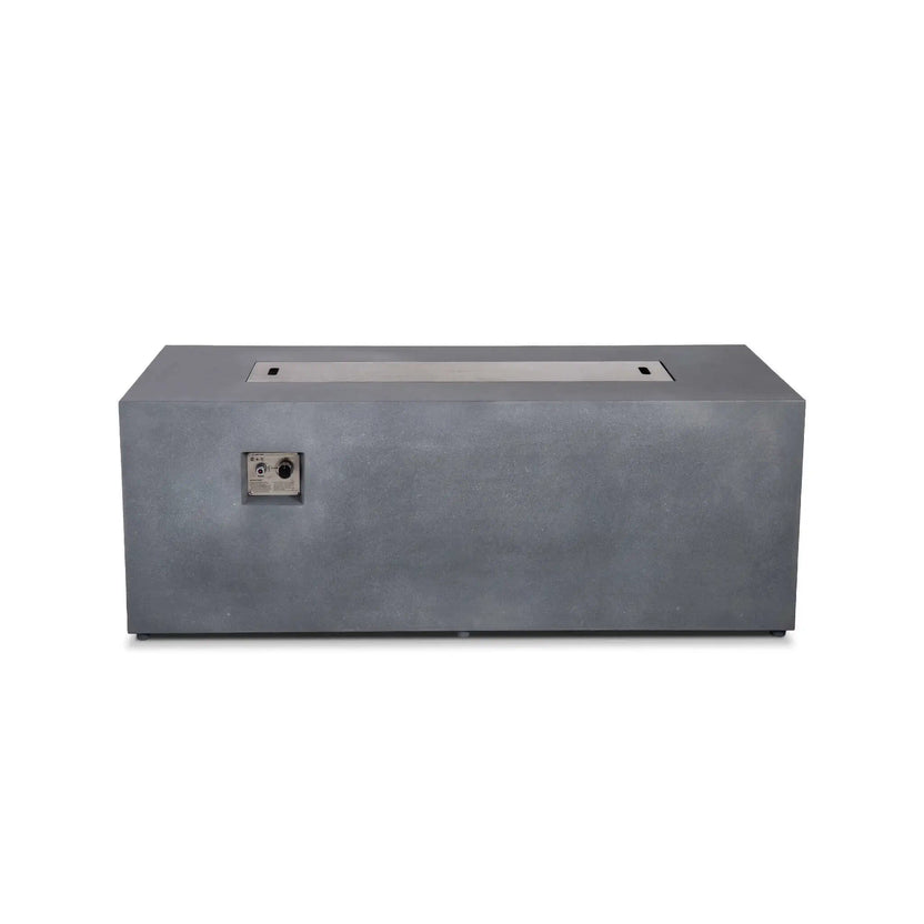 Straight front view of the Flame Havens Refuge Series 68 x 30 x 24-inch rectangular propane gas fire pit in gray GFRC concrete, shown with a flush stainless steel burner cover featuring two built-in hand openings and recessed ignition controls on the front.