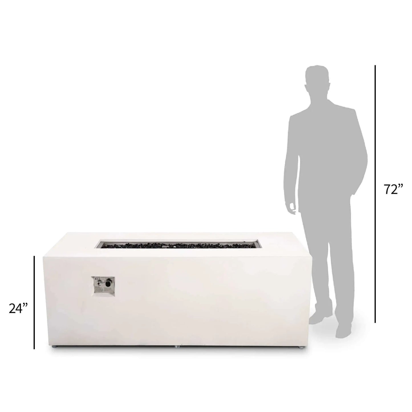 Size-comparison perspective of the Flame Havens Refuge Series 68 x 30 x 24-inch rectangular propane gas fire pit in a white GFRC concrete finish. The fire pit features a stainless steel burner filled with black fire media and a front-mounted CSA ignition control panel. A gray 72-inch human silhouette stands beside the 24-inch-tall fire pit to illustrate its height and overall scale on a clean white background.