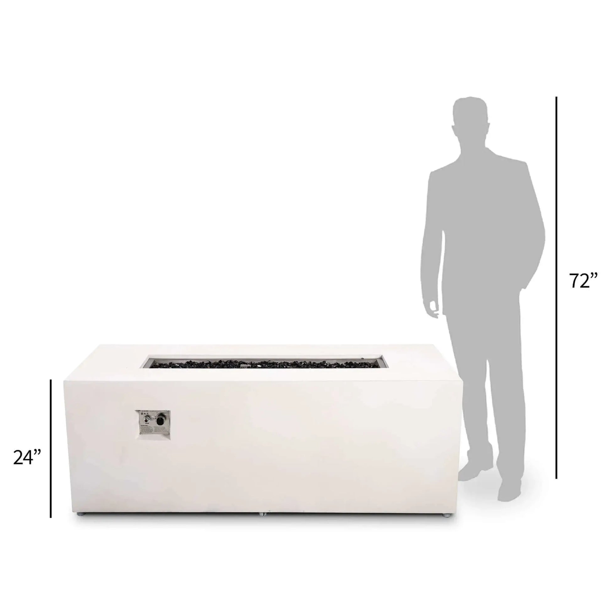 Size-comparison perspective of the Flame Havens Refuge Series 68 x 30 x 24-inch rectangular propane gas fire pit in a white GFRC concrete finish. The fire pit features a stainless steel burner filled with black fire media and a front-mounted CSA ignition control panel. A gray 72-inch human silhouette stands beside the 24-inch-tall fire pit to illustrate its height and overall scale on a clean white background.