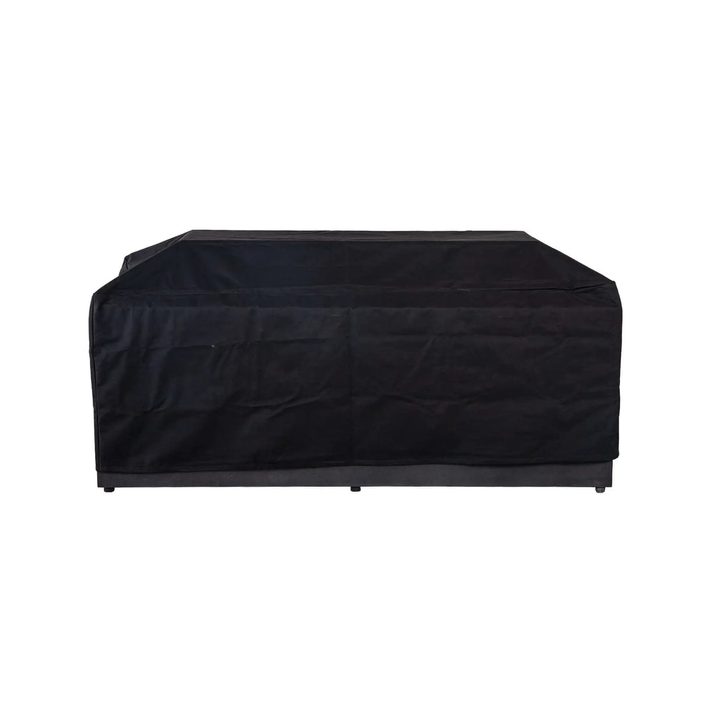 Straight front view of the Flame Havens Refuge Series 68 x 30 x 24-inch rectangular black GFRC concrete propane fire pit beneath a fitted canvas fabric cover designed to accommodate the raised glass wind guard. The shaped cover protects both the fire pit body and installed wind guard.