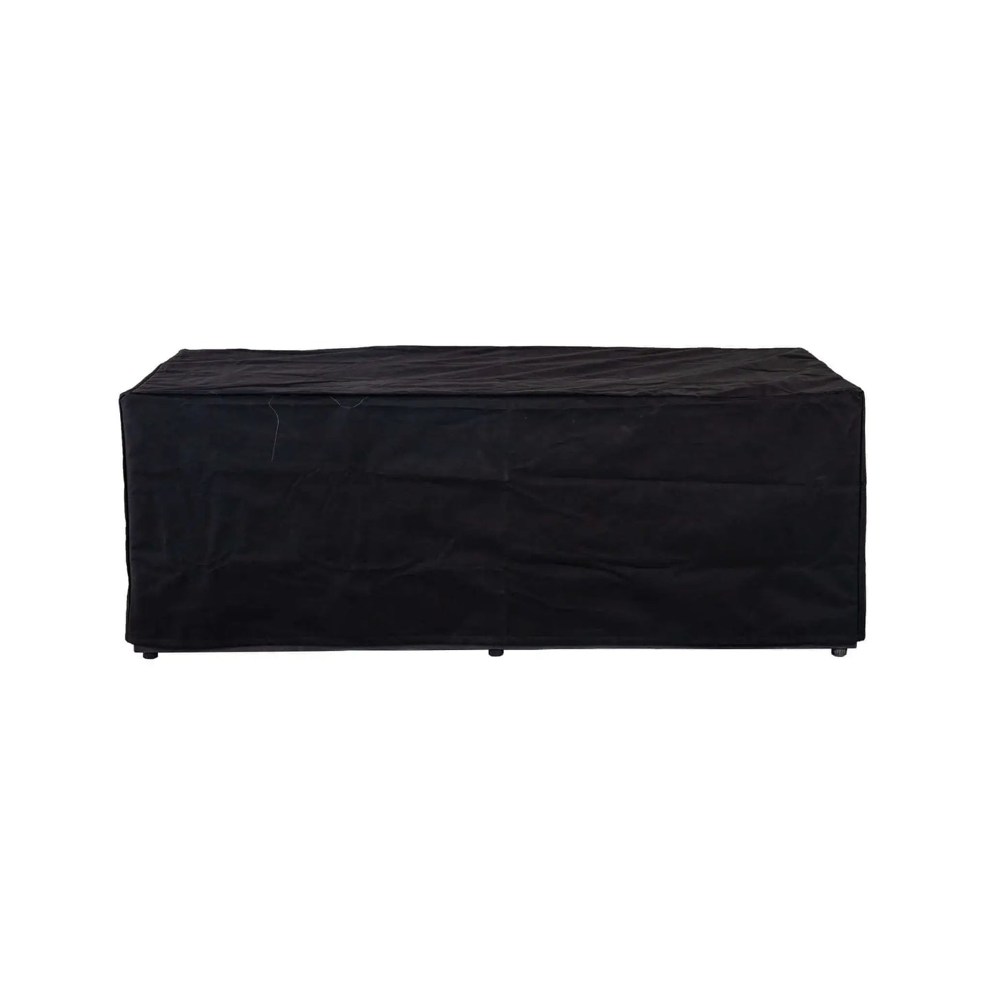 Straight front view of a fitted black canvas fabric cover protecting the Flame Havens Refuge Series 68 x 30 x 24-inch rectangular GFRC concrete propane fire pit. The full-length cover extends over the top and sides of the fire pit, creating a clean, tailored profile against a white background.