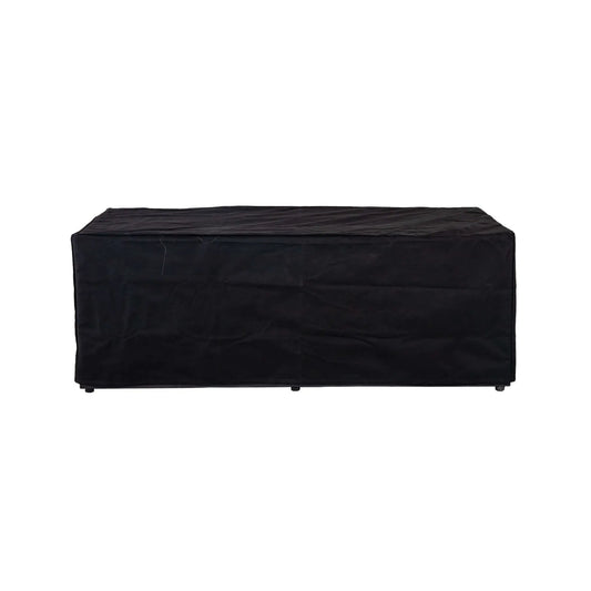 Straight front view of a fitted black canvas fabric cover protecting the Flame Havens Refuge Series 68 x 30 x 24-inch rectangular GFRC concrete propane fire pit. The full-length cover extends over the top and sides of the fire pit, creating a clean, tailored profile against a white background.