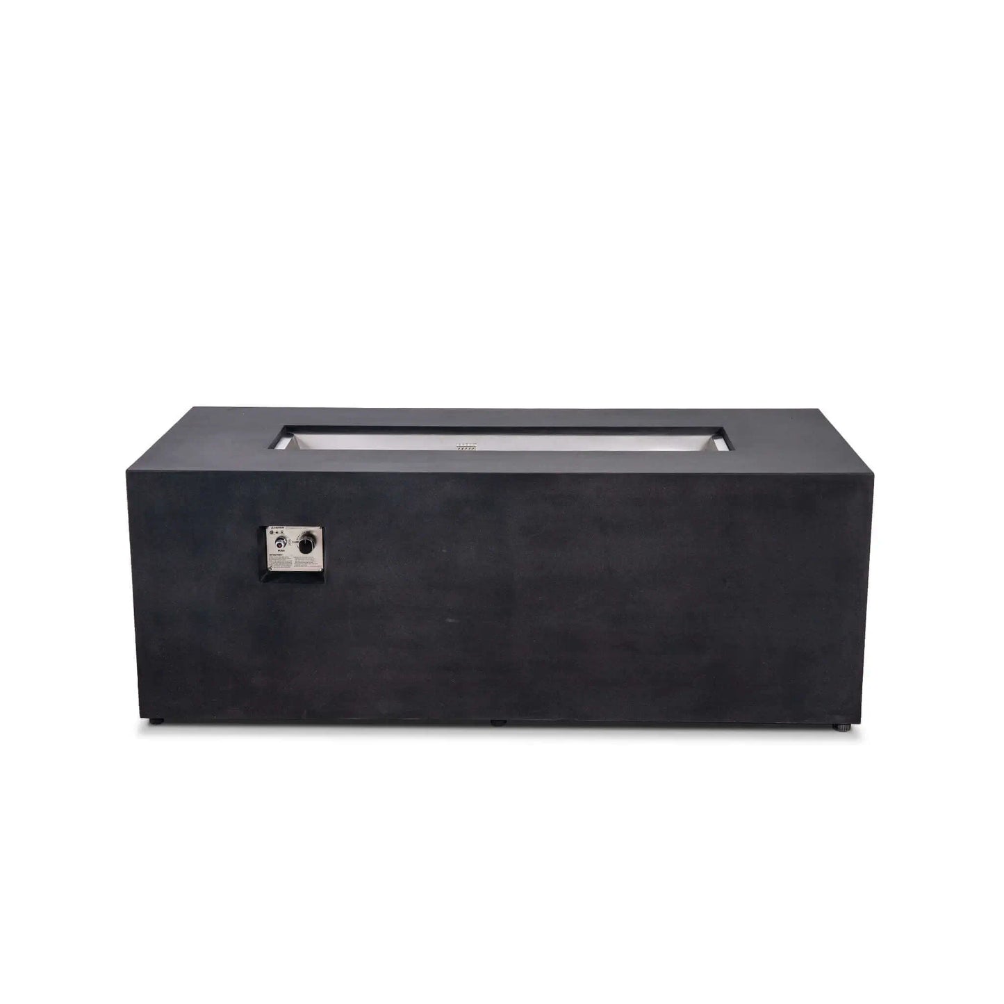 Straight-on view of the Flame Havens Refuge Series 68 x 30 x 24-inch rectangular black GFRC concrete propane fire pit on a white background. The clean modern body features a recessed stainless steel burner pan, centered ignition cage, and built-in CSA ignition and flame controls on the front.