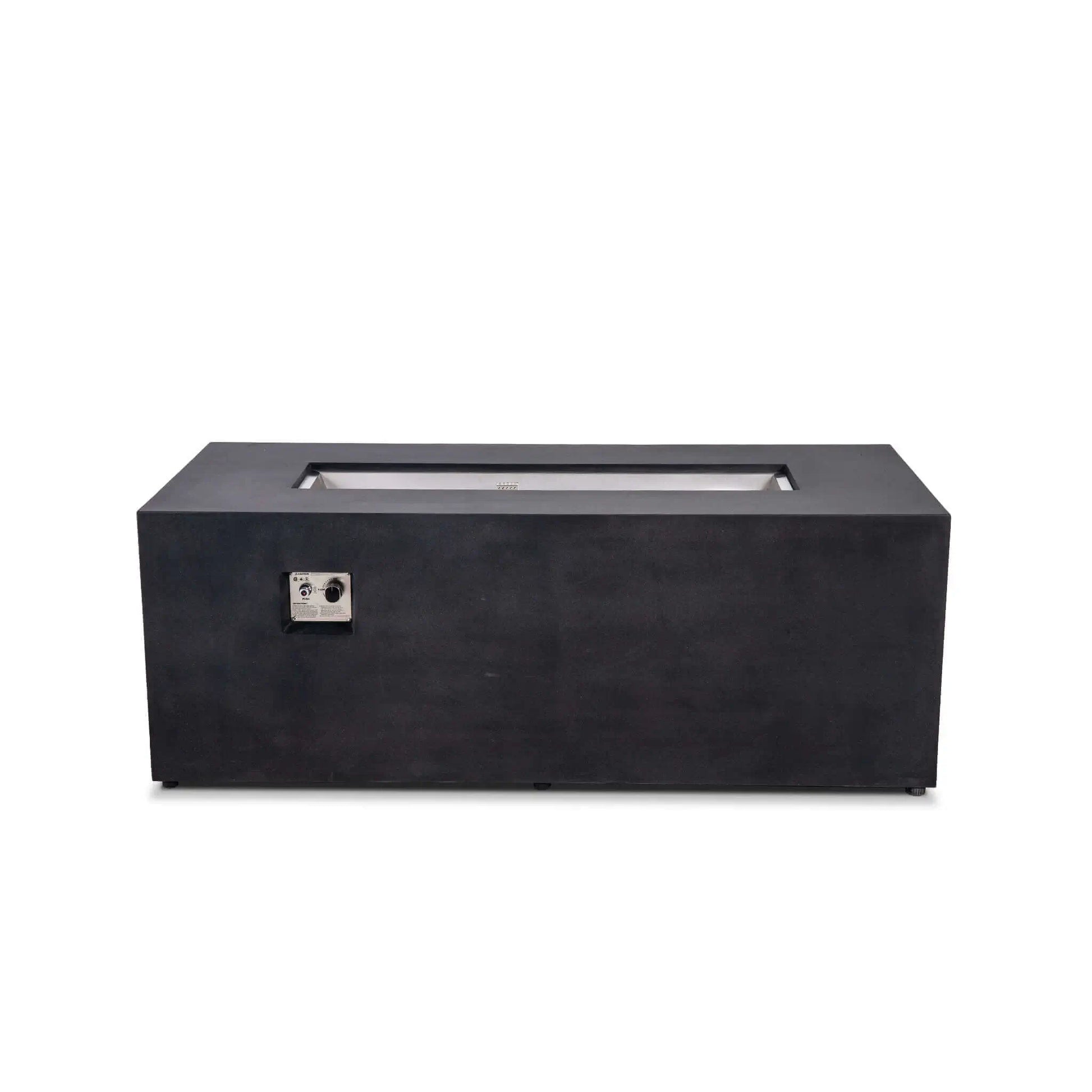 Straight-on view of the Flame Havens Refuge Series 68 x 30 x 24-inch rectangular black GFRC concrete propane fire pit on a white background. The clean modern body features a recessed stainless steel burner pan, centered ignition cage, and built-in CSA ignition and flame controls on the front.