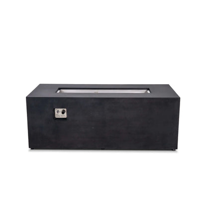Straight-on view of the Flame Havens Refuge Series 68 x 30 x 24-inch rectangular black GFRC concrete propane fire pit on a white background. The clean modern body features a recessed stainless steel burner pan, centered ignition cage, and built-in CSA ignition and flame controls on the front.