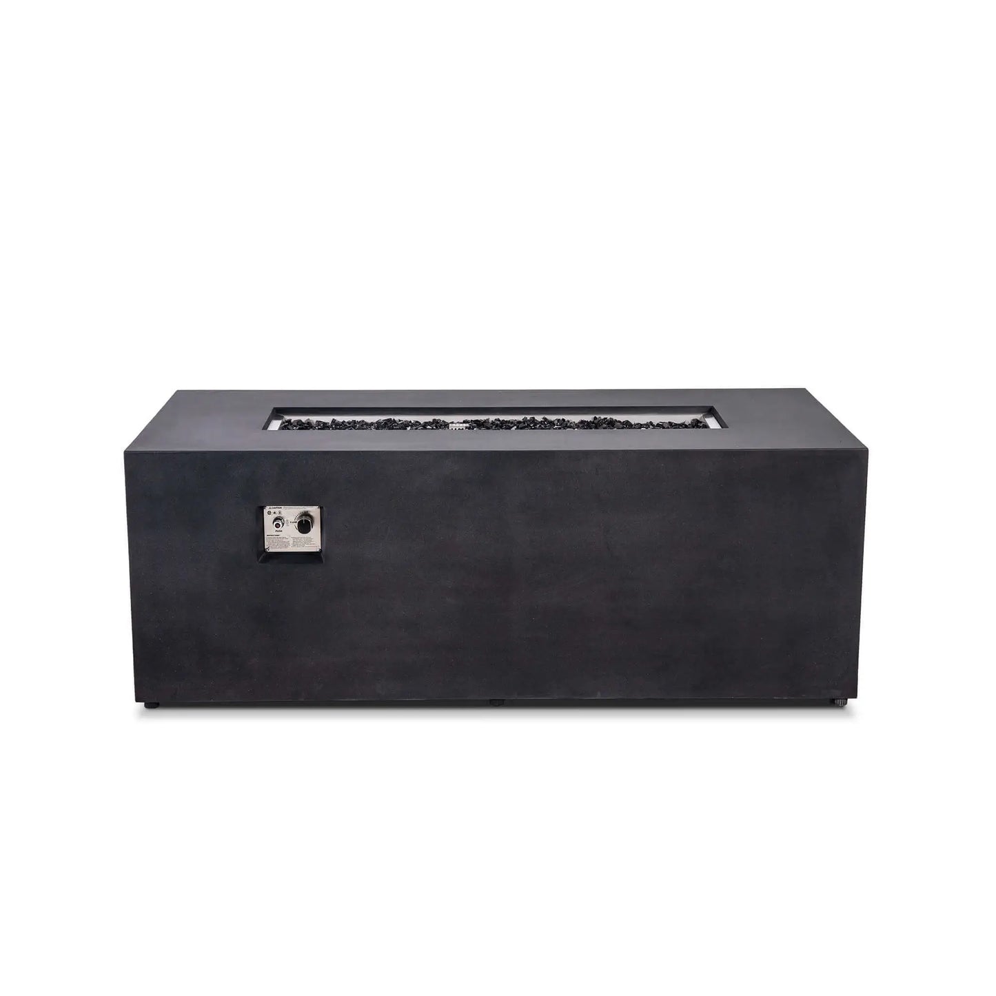 Straight front view of the Flame Havens Refuge Series 68 x 30 x 24-inch rectangular black GFRC concrete propane fire pit with the flame turned off. Reflective tempered black fire glass fills the linear stainless steel burner pan, and the recessed ignition and flame controls are visible on the front.