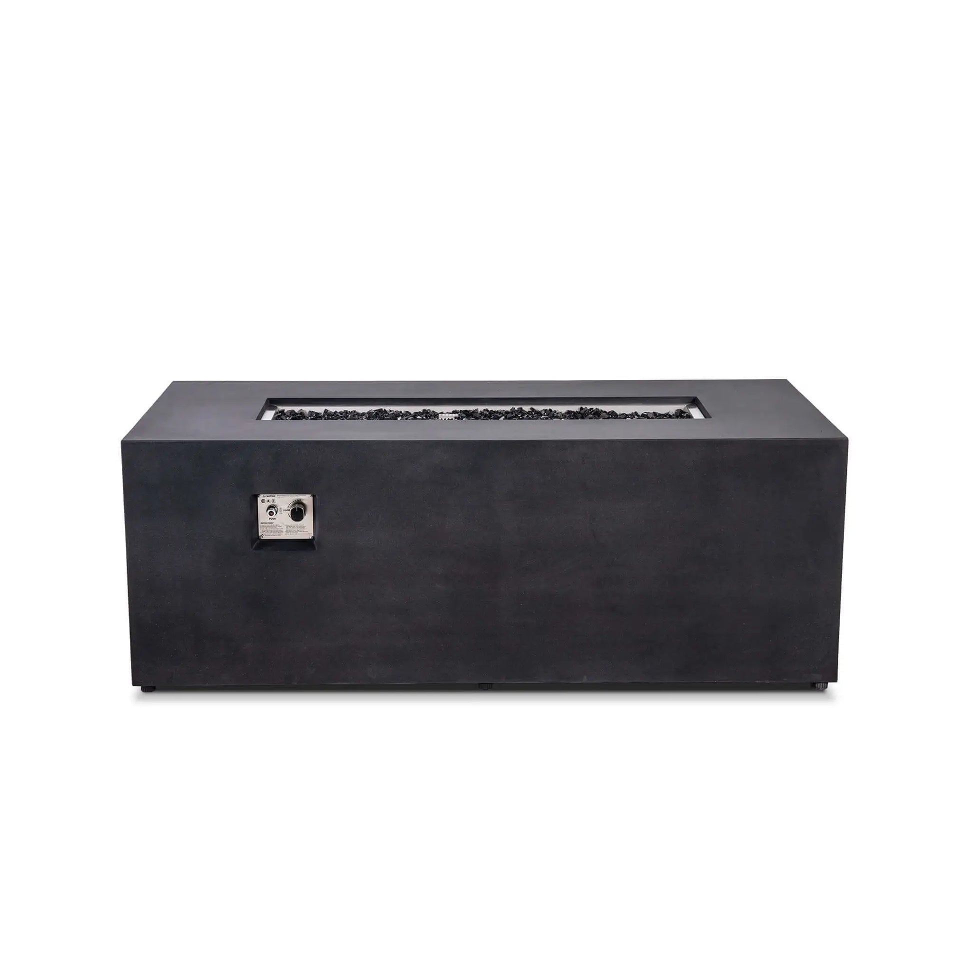 Straight front view of the Flame Havens Refuge Series 68 x 30 x 24-inch rectangular black GFRC concrete propane fire pit with the flame turned off. Reflective tempered black fire glass fills the linear stainless steel burner pan, and the recessed ignition and flame controls are visible on the front.