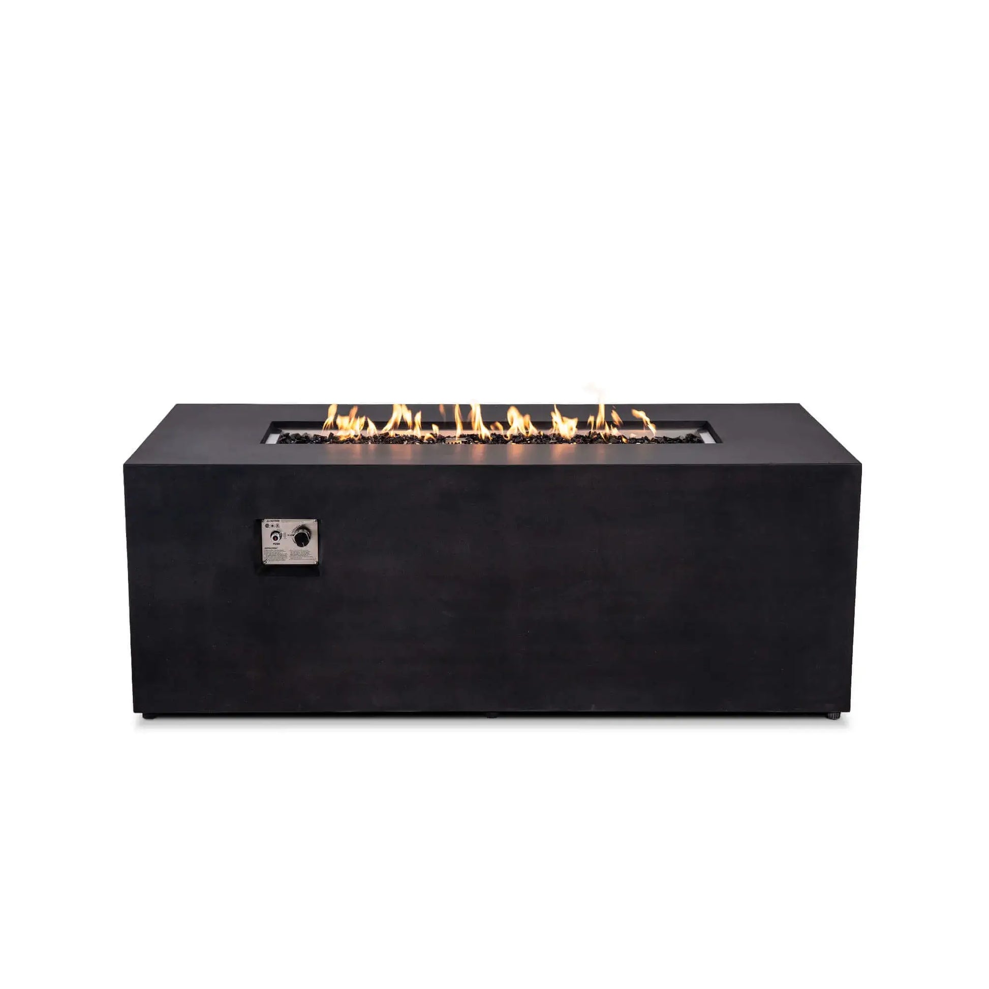 Straight-on product view of the Flame Havens Refuge Series 68 x 30 x 24-inch rectangular black GFRC concrete propane fire pit with the flame turned on. A long row of natural-looking flames rises above reflective tempered black fire glass, and the recessed ignition and flame control panel is visible on the front.