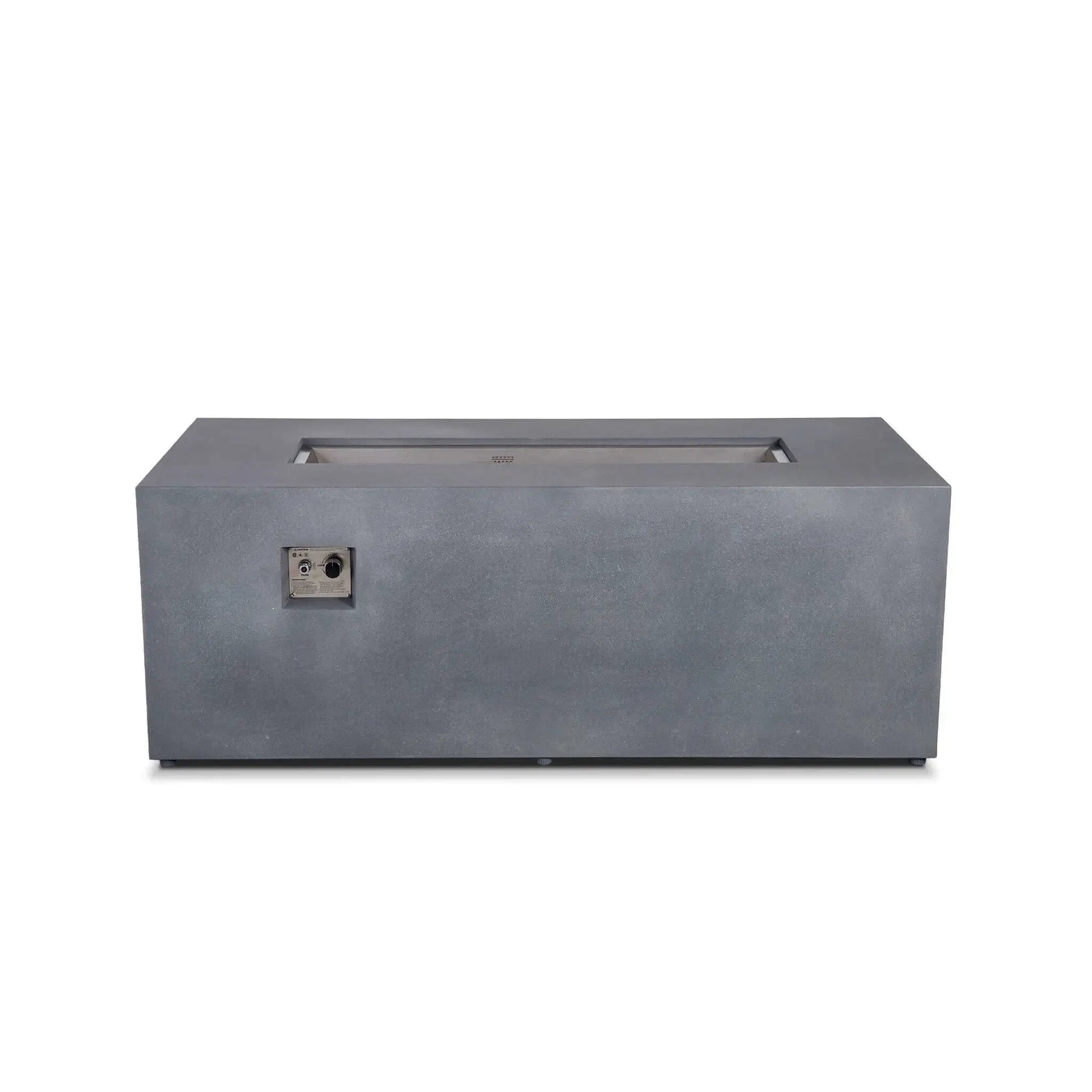 Straight front view of the Flame Havens Refuge Series 68 x 30 x 24-inch rectangular propane gas fire pit in gray GFRC concrete, featuring an uncovered stainless steel linear burner pan, centered ignition cage, broad top ledge, and recessed CSA ignition controls.