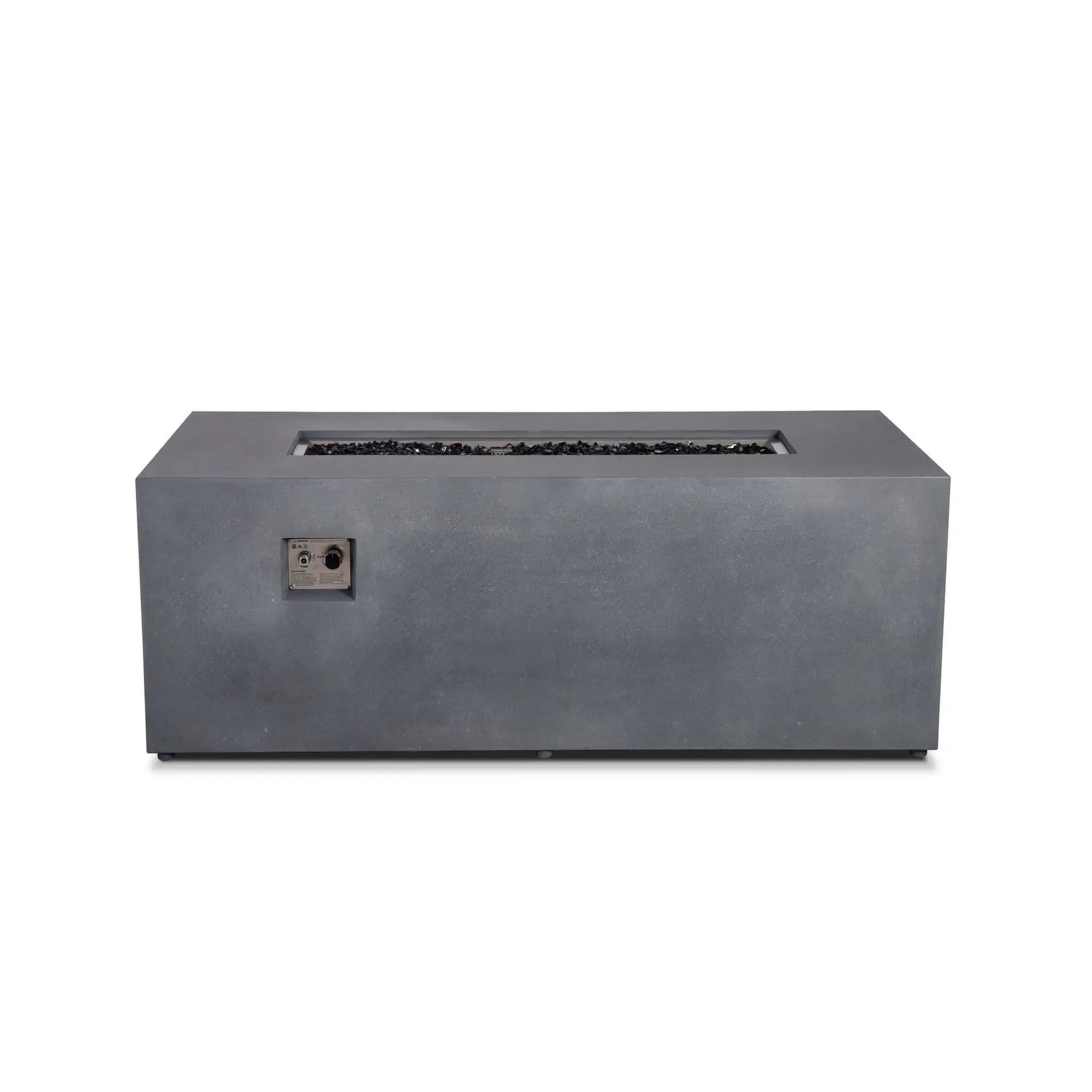 Flame Havens Refuge Series 68 x 30 x 24-inch rectangular gray propane fire pit shown from the front with the flame off, reflective tempered black fire glass filling the linear burner pan, and recessed ignition and flame-adjustment controls visible on the face.