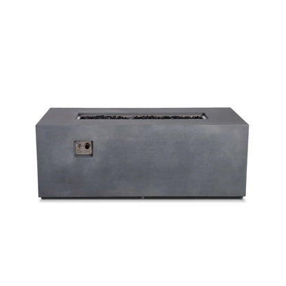 Flame Havens Refuge Series 68 x 30 x 24-inch rectangular gray propane fire pit shown from the front with the flame off, reflective tempered black fire glass filling the linear burner pan, and recessed ignition and flame-adjustment controls visible on the face.