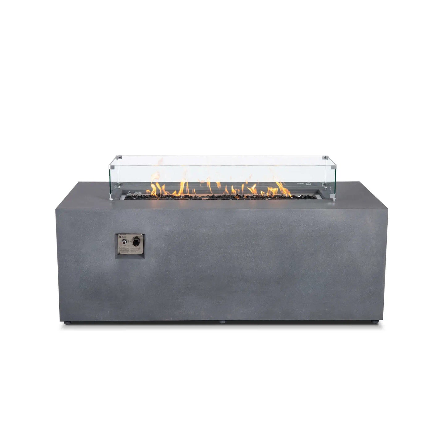 Straight front view of the Flame Havens Refuge Series 68 x 30 x 24-inch rectangular gray propane fire pit with flames burning over tempered black fire glass. A clear glass wind guard with stainless steel corner brackets surrounds the linear burner.