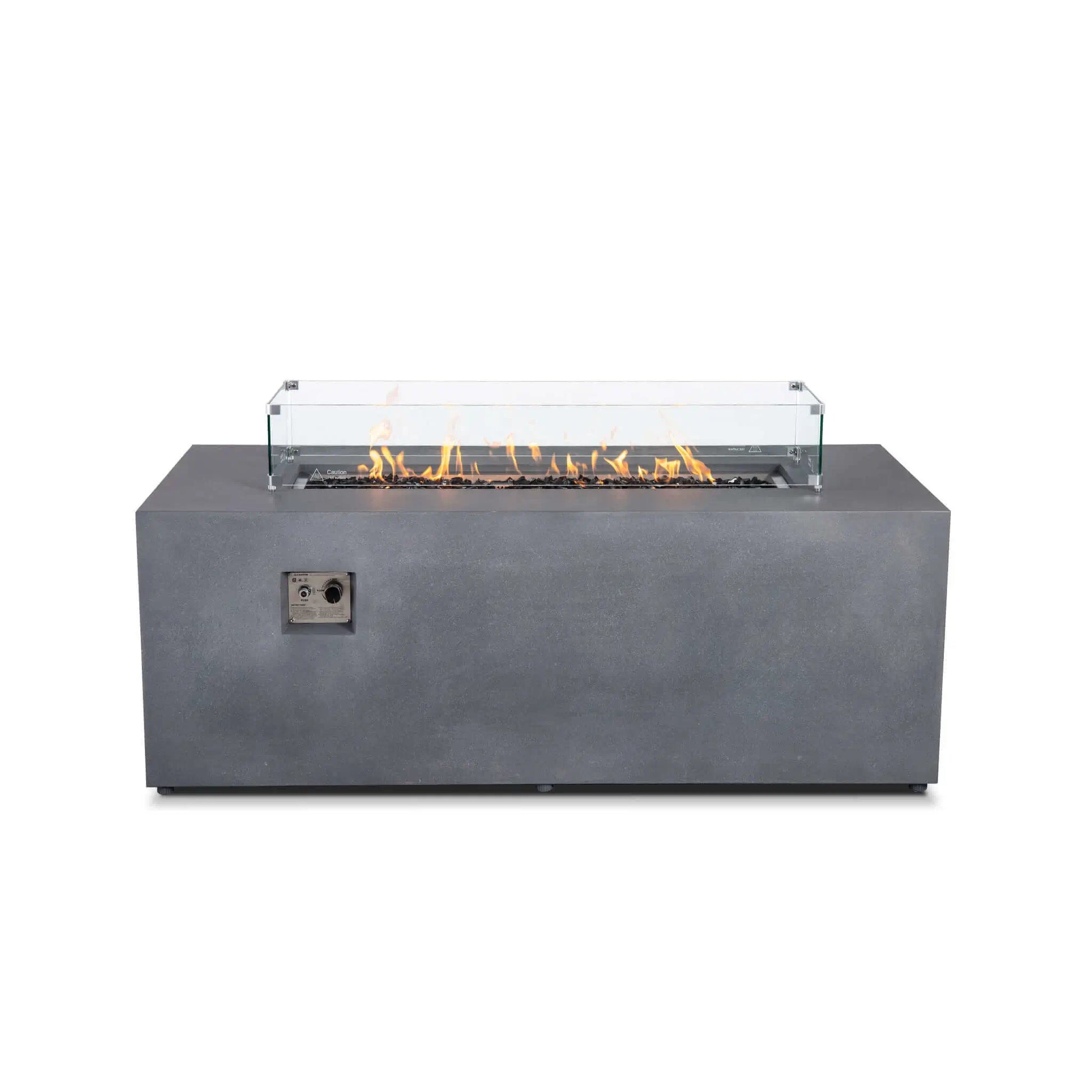 Straight front view of the Flame Havens Refuge Series 68 x 30 x 24-inch rectangular gray propane fire pit with flames burning over tempered black fire glass. A clear glass wind guard with stainless steel corner brackets surrounds the linear burner.