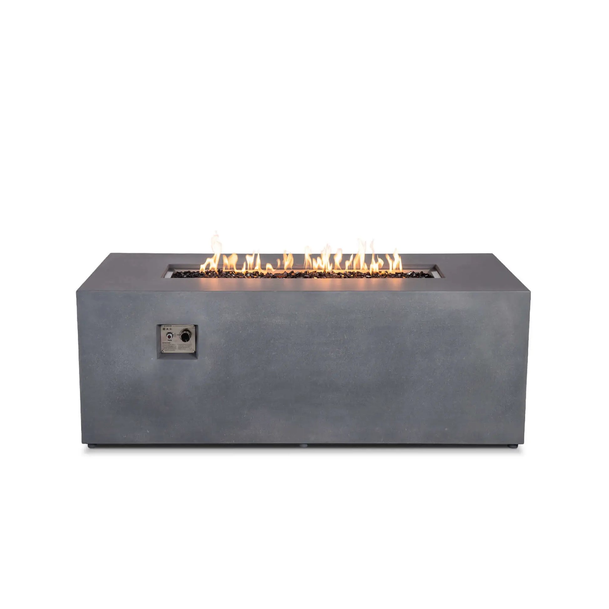 Straight front view of the Flame Havens Refuge Series 68 x 30 x 24-inch rectangular propane gas fire pit in gray GFRC concrete, shown with a steady linear flame burning over tempered black fire glass and recessed ignition and flame-adjustment controls on the front.