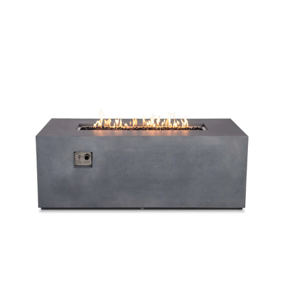 Straight front view of the Flame Havens Refuge Series 68 x 30 x 24-inch rectangular propane gas fire pit in gray GFRC concrete, shown with a steady linear flame burning over tempered black fire glass and recessed ignition and flame-adjustment controls on the front.