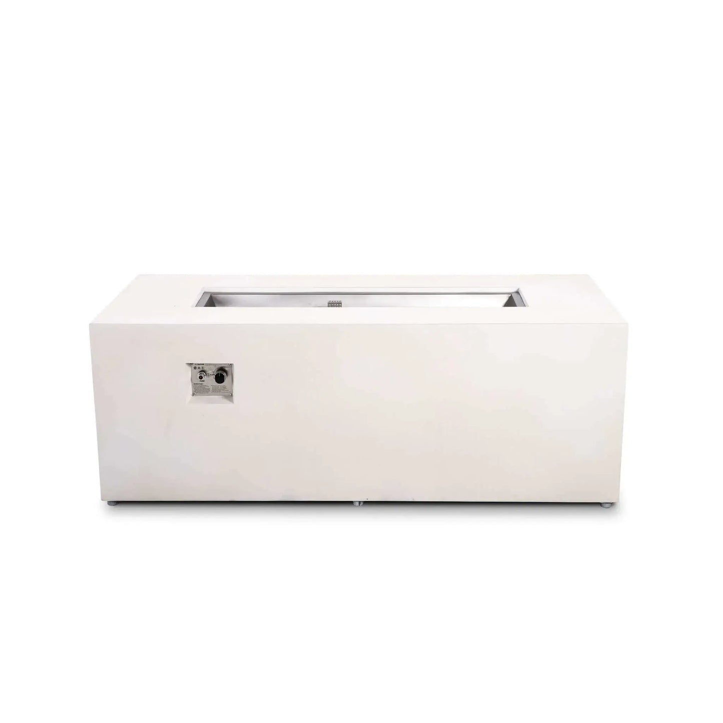 Straight front view of the Flame Havens Refuge Series 68 x 30 x 24-inch rectangular propane fire pit in white GFRC concrete. The image shows the open stainless steel burner pan with its protective ignition cage, recessed CSA ignition and flame controls, clean modern profile, and adjustable feet.