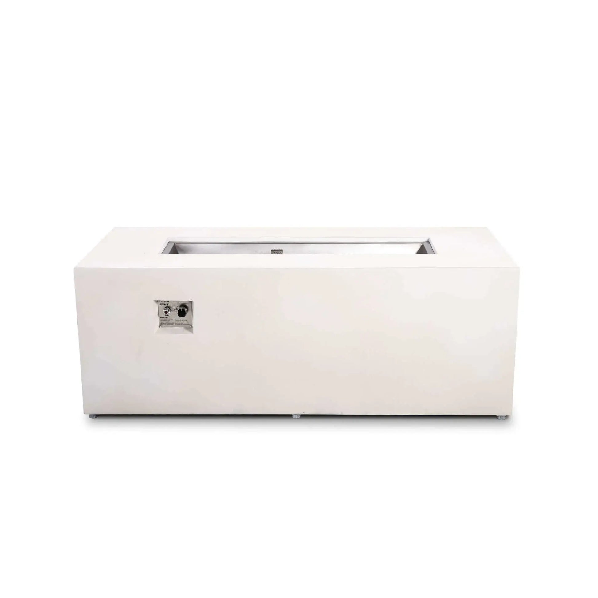 Straight front view of the Flame Havens Refuge Series 68 x 30 x 24-inch rectangular propane fire pit in white GFRC concrete. The image shows the open stainless steel burner pan with its protective ignition cage, recessed CSA ignition and flame controls, clean modern profile, and adjustable feet.