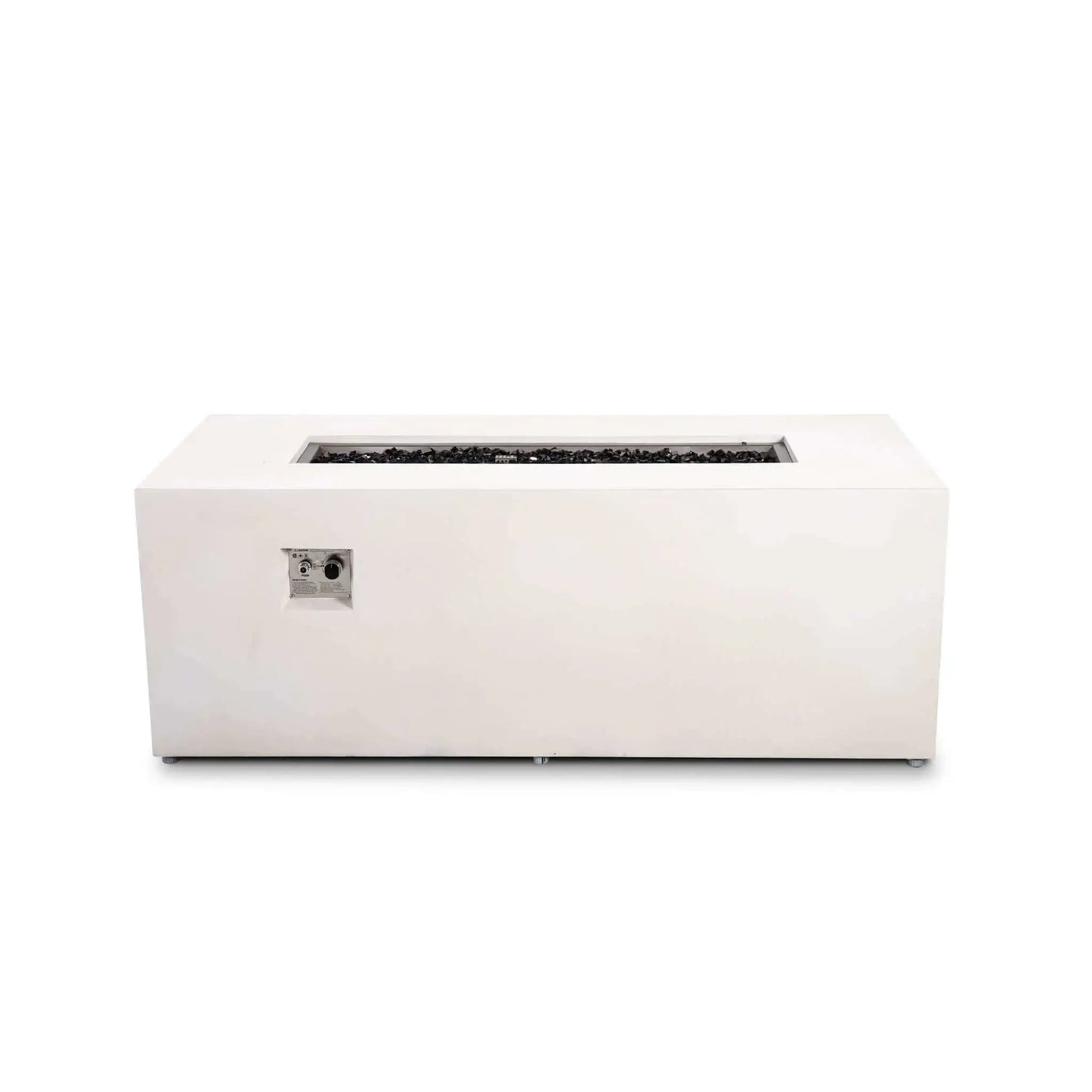 Straight front view of the Flame Havens Refuge Series 68 x 30 x 24-inch white GFRC rectangular propane fire pit with the flame off. Tempered black fire glass fills the long stainless steel burner pan, while the recessed ignition button and flame control knob are visible on the front panel.
