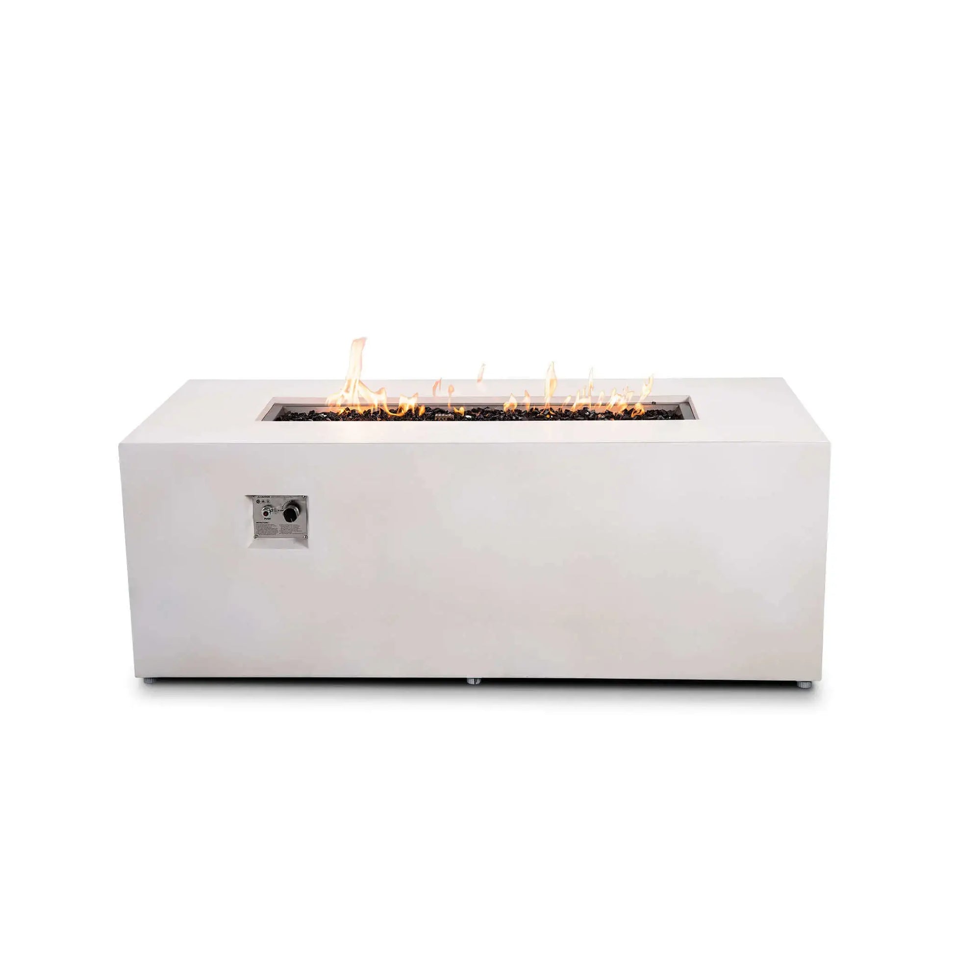 Straight front view of the Flame Havens Refuge Series 68 x 30 x 24-inch rectangular propane fire pit in white GFRC concrete. The fire is on above tempered black glass in the stainless steel burner pan, with the recessed push-button ignition and adjustable flame control knob visible on the front.