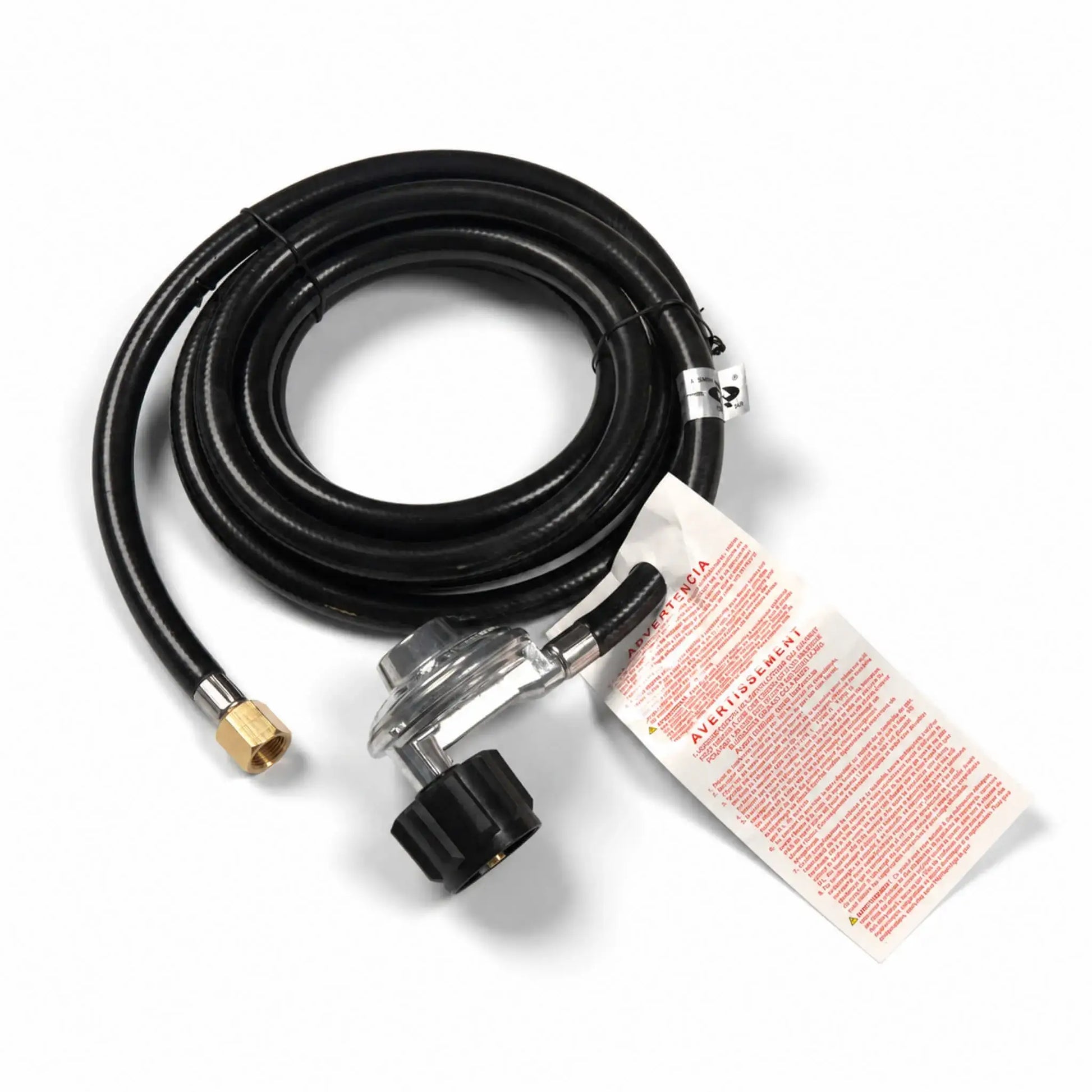 Flame Havens Refuge Series 120-inch regulator hose for a propane fire pit, coiled on a white background. The long black gas hose includes a silver pressure regulator, black handwheel for connecting to a propane tank, brass threaded fitting at the opposite end, metal crimps, and an attached bilingual safety warning label.