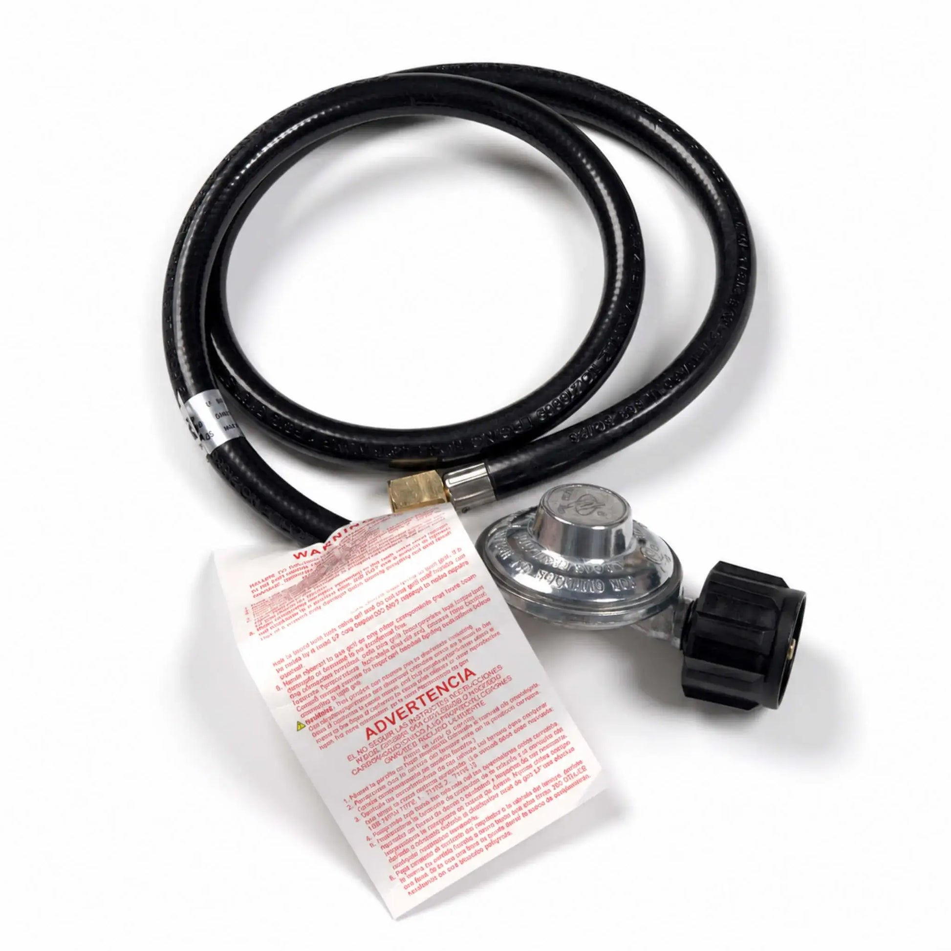 Flame Havens Refuge Series 40-inch regulator hose for a propane fire pit, displayed on a white background. The coiled black gas hose features a compact silver pressure regulator, black propane tank handwheel, brass threaded connection, reinforced metal fittings, and an attached bilingual warning and safety label.