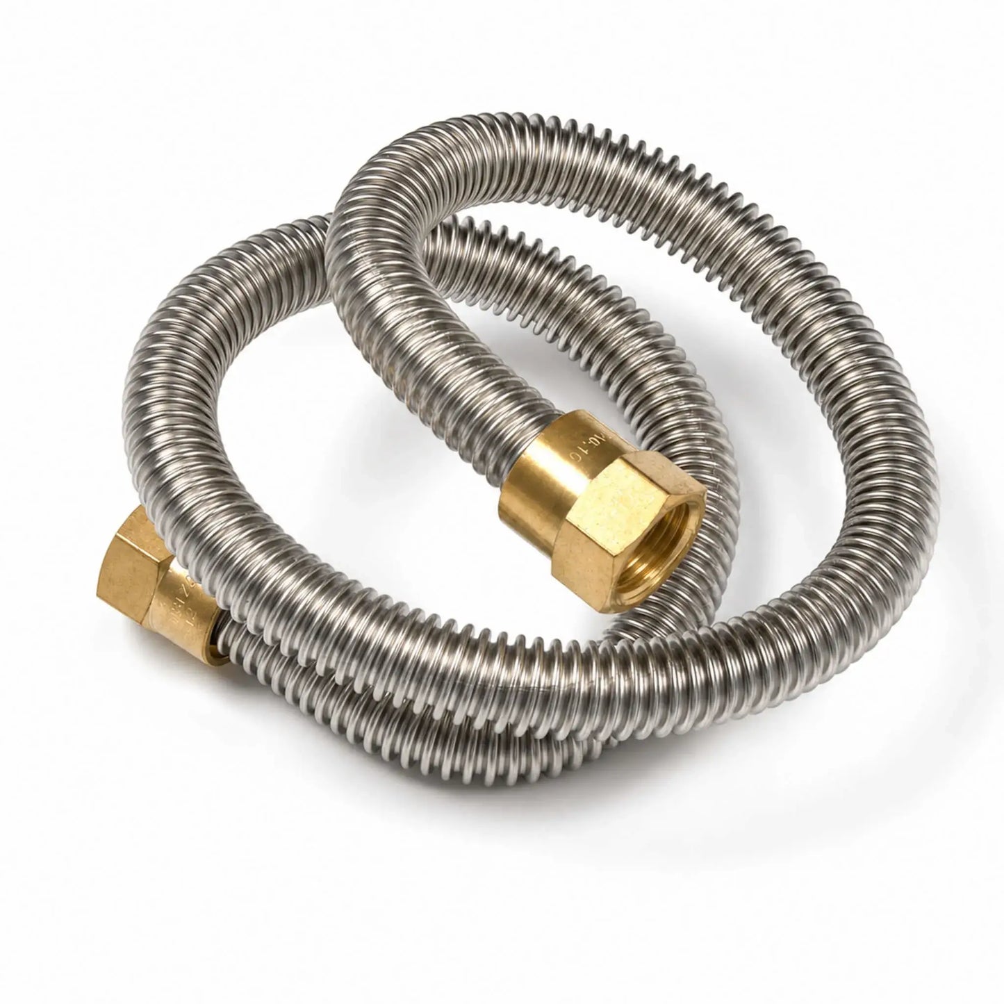 Flame Havens Refuge Series 24-inch flex line coiled on a white background. This fire pit replacement gas connector features a flexible corrugated stainless steel hose with durable brass female fittings at both ends, allowing the line to bend for easier connection between internal gas
