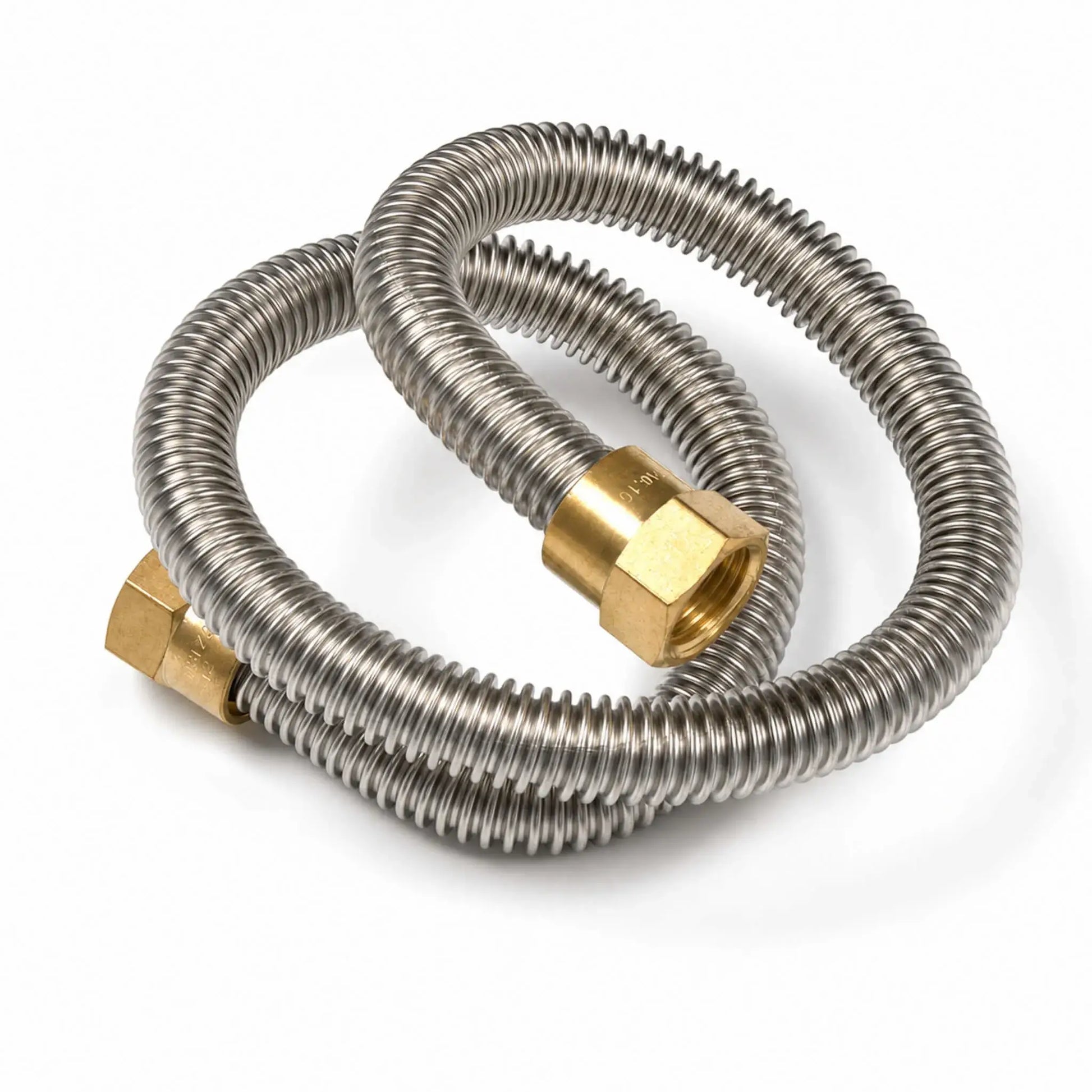 Flame Havens Refuge Series 24-inch flex line coiled on a white background. This fire pit replacement gas connector features a flexible corrugated stainless steel hose with durable brass female fittings at both ends, allowing the line to bend for easier connection between internal gas