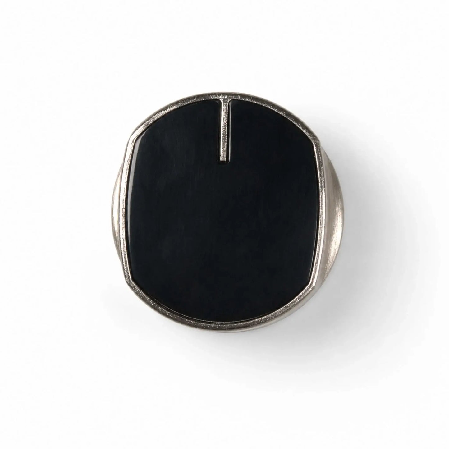 Front view of the Flame Havens Refuge Series fire pit control knob on a white background. The replacement part features a smooth black face, rounded shape, silver metal border, and a raised indicator line at the top for showing the selected gas valve position.