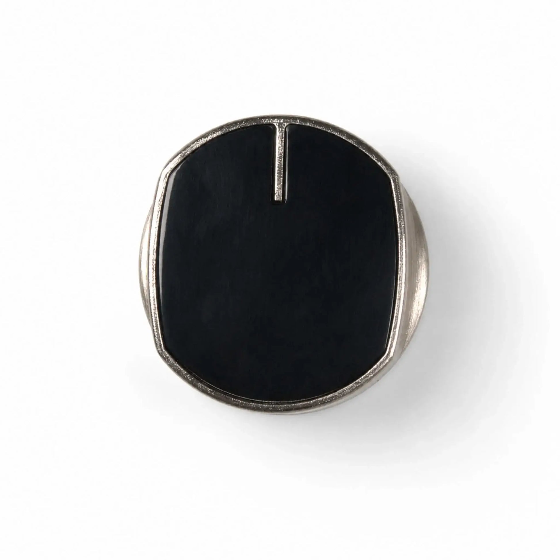 Front view of the Flame Havens Refuge Series fire pit control knob on a white background. The replacement part features a smooth black face, rounded shape, silver metal border, and a raised indicator line at the top for showing the selected gas valve position.