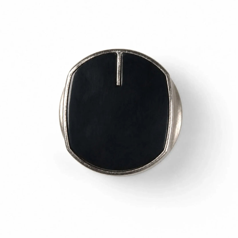 Front view of the Flame Havens Refuge Series fire pit control knob on a white background. The replacement part features a smooth black face, rounded shape, silver metal border, and a raised indicator line at the top for showing the selected gas valve position.