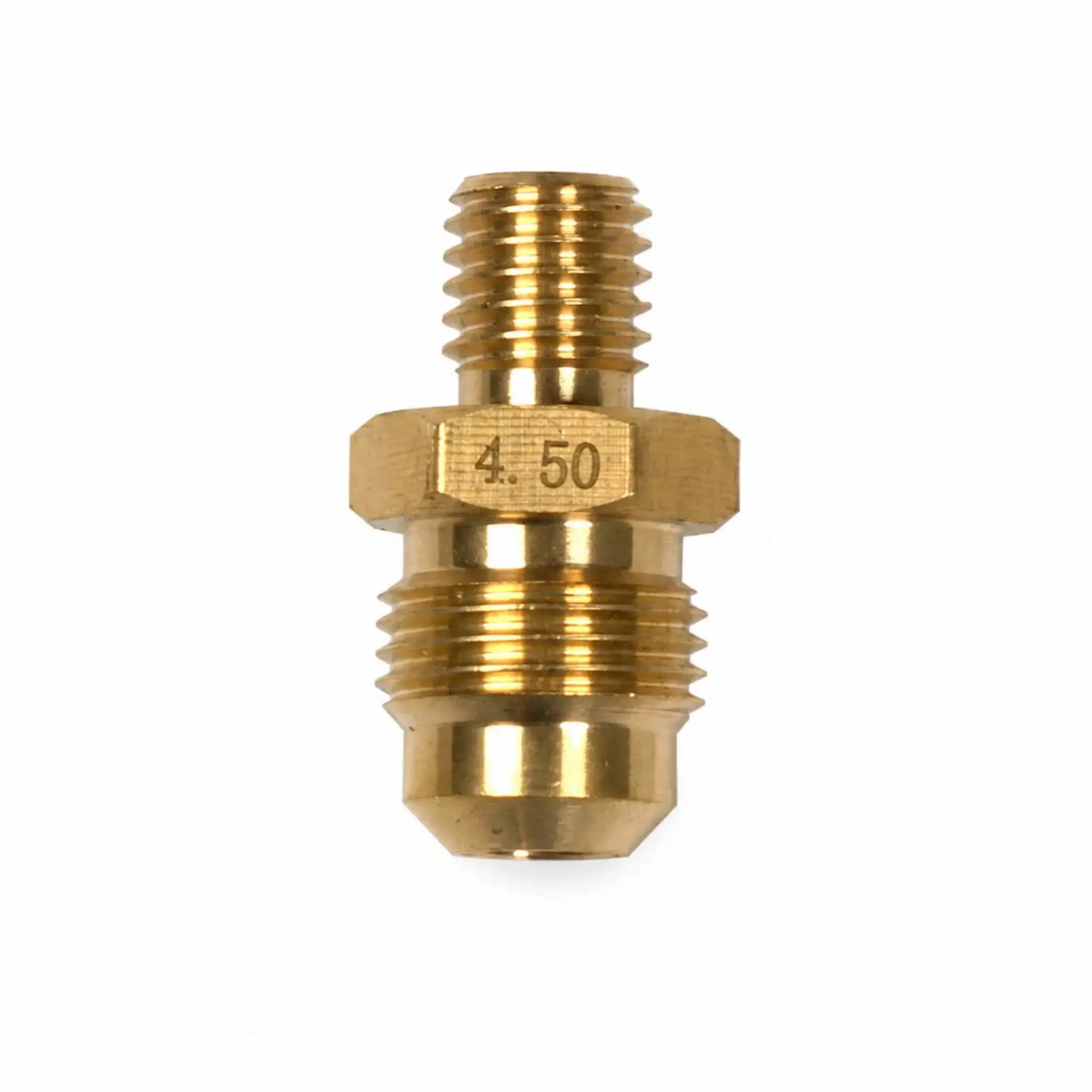 Close-up of the Flame Havens Refuge Series natural gas orifice on a white background. This brass fire pit replacement part features male threads at both ends, a hex-shaped center for installation, a tapered fitting, and a clearly engraved “4.50” marking that identifies the natural gas orifice size.