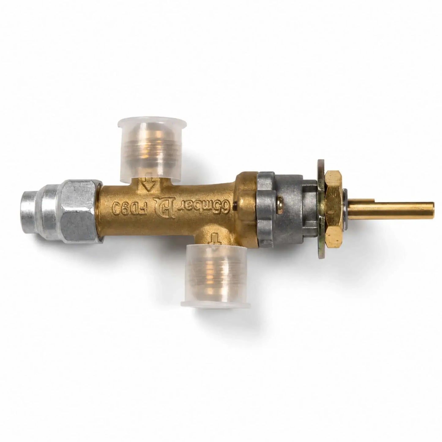 Flame Havens Refuge Series natural gas valve displayed horizontally on a white background. The fire pit replacement part features a solid brass valve body, silver inlet fitting, two threaded ports protected by translucent caps, directional flow markings, mounting hardware, and an extended brass control stem for attaching the knob.
