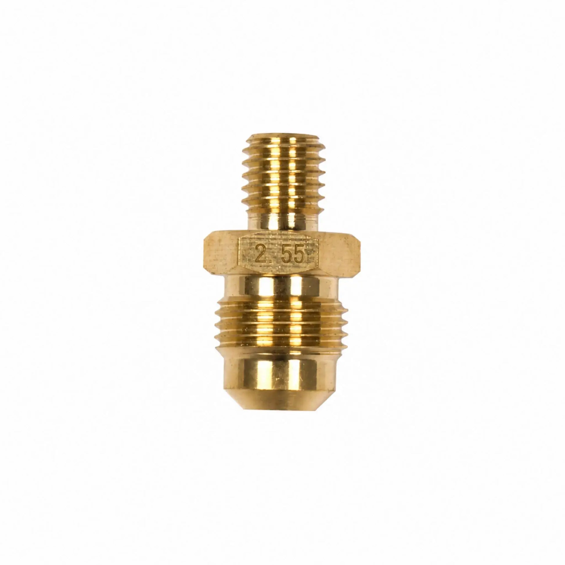 Close-up of the Flame Havens Refuge Series propane gas orifice on a white background. The brass fire pit replacement fitting has male threads at both ends, a hex-shaped center for tightening, a tapered lower connection, and a clearly engraved “2.55” marking that identifies the propane orifice size.