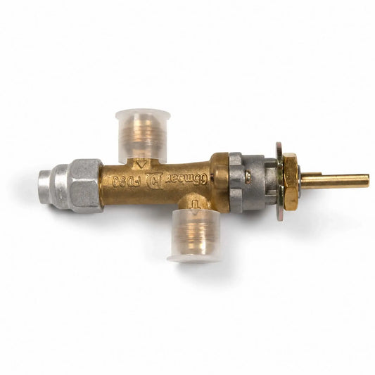 Flame Havens Refuge Series propane gas valve shown horizontally on a white background. The replacement fire pit component has a brass valve body, silver inlet fitting, two capped threaded ports, molded flow-direction arrows, metal mounting hardware, and a long brass control stem designed to accept the operating knob.