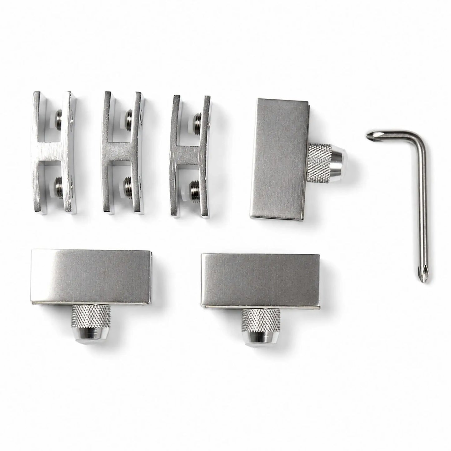 Flame Havens Refuge Series hardware kit for a round 28-inch tempered glass wind guard, displayed on a white background. The set includes three dual-slot metal glass clamps with cushioned screw contacts, three rectangular support feet with knurled adjustment knobs, and an L-shaped driver tool for installation.