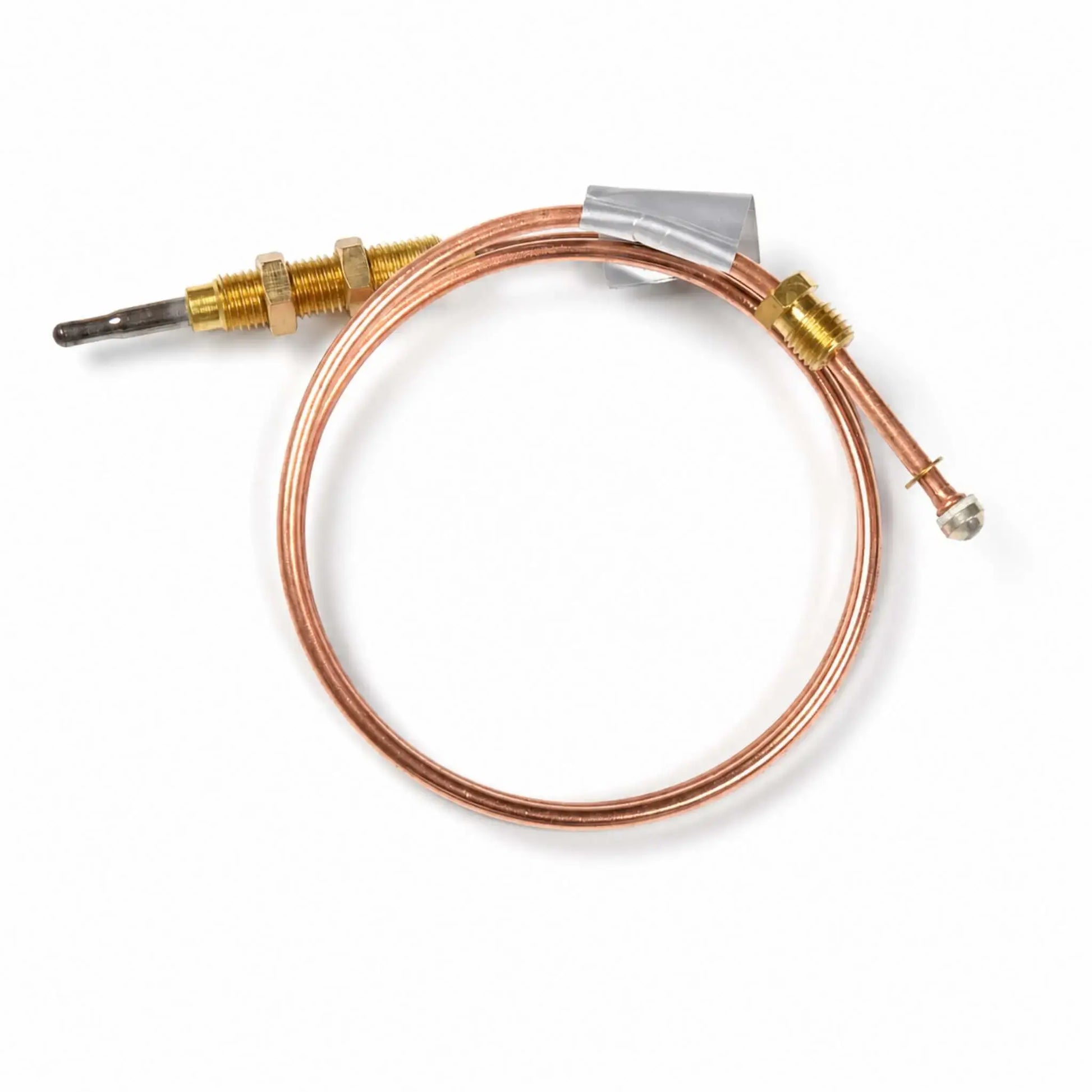 Flame Havens Refuge Series fire pit thermocouple displayed in a coil on a white background. The replacement safety component features a copper-colored sensor line, dark metal probe tip, brass threaded mounting hardware with hex nuts, and a small end connector for attachment to the gas control assembly.