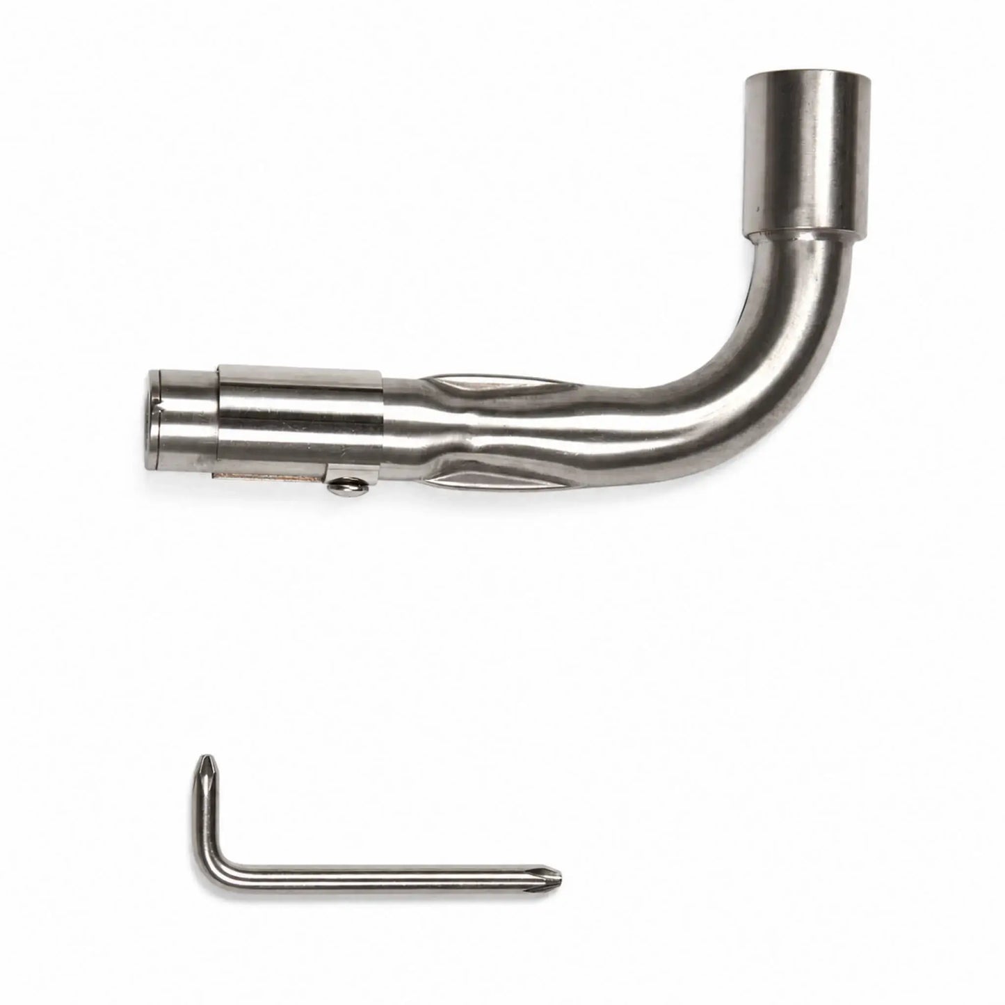 Flame Havens Refuge Series stainless steel Venturi pipe shown in the natural gas configuration on a white background. The L-shaped fire pit component features a curved burner connection, cylindrical openings, and an adjustable air-mixing sleeve covering the intake screen. An L-shaped adjustment tool is displayed below the pipe.