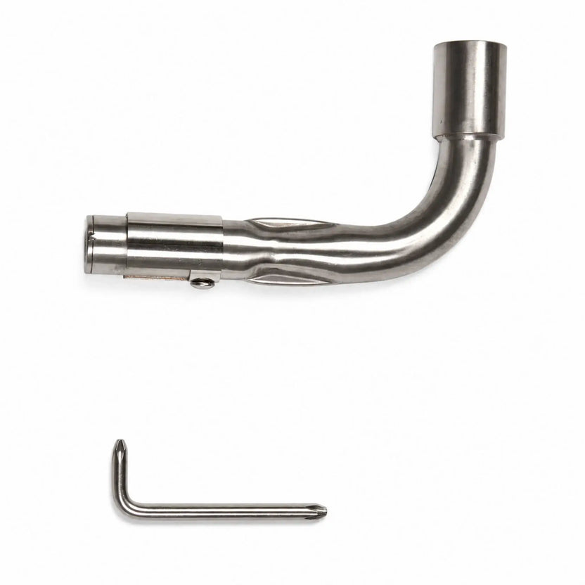 Flame Havens Refuge Series stainless steel Venturi pipe shown in the natural gas configuration on a white background. The L-shaped fire pit component features a curved burner connection, cylindrical openings, and an adjustable air-mixing sleeve covering the intake screen. An L-shaped adjustment tool is displayed below the pipe.