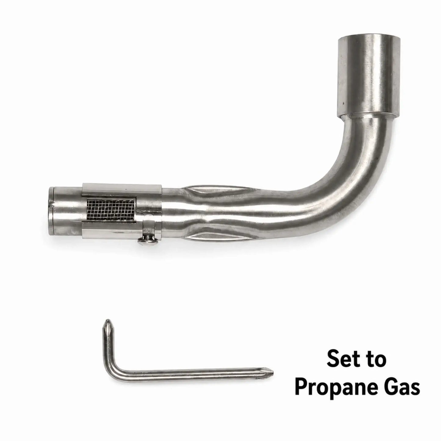 Flame Havens Refuge Series propane and natural gas Venturi pipe shown in the propane position. The stainless steel L-shaped pipe features a curved burner connection and an adjustable sleeve exposing the mesh air intake screen. An L-shaped adjustment tool appears below, with bold text reading “Set to Propane Gas” in the lower-right corner.