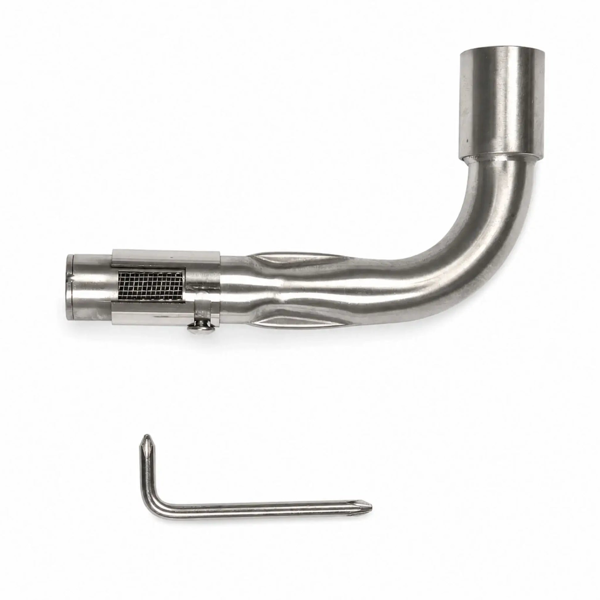 Flame Havens Refuge Series stainless steel Venturi pipe shown in the propane gas configuration on a white background. The L-shaped fire pit component has a curved burner connection and an adjustable air-mixing sleeve positioned to expose the mesh intake screen. An L-shaped adjustment tool is displayed beneath the pipe.