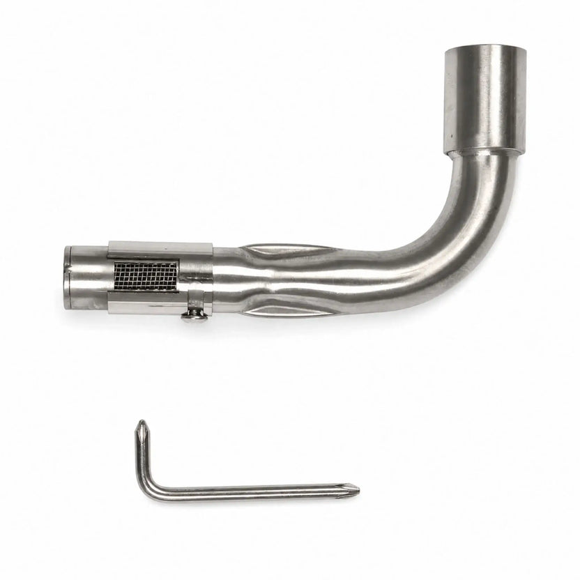 Flame Havens Refuge Series stainless steel Venturi pipe shown in the propane gas configuration on a white background. The L-shaped fire pit component has a curved burner connection and an adjustable air-mixing sleeve positioned to expose the mesh intake screen. An L-shaped adjustment tool is displayed beneath the pipe.