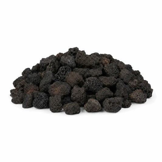 Main product image of Flame Havens small 1/2-inch standard lava rock, featuring a centered mound of porous black and dark brown volcanic stones on a clean white background. The rugged, naturally textured pieces are shown in assorted shapes for use as decorative media in gas fire pits and fireplaces.