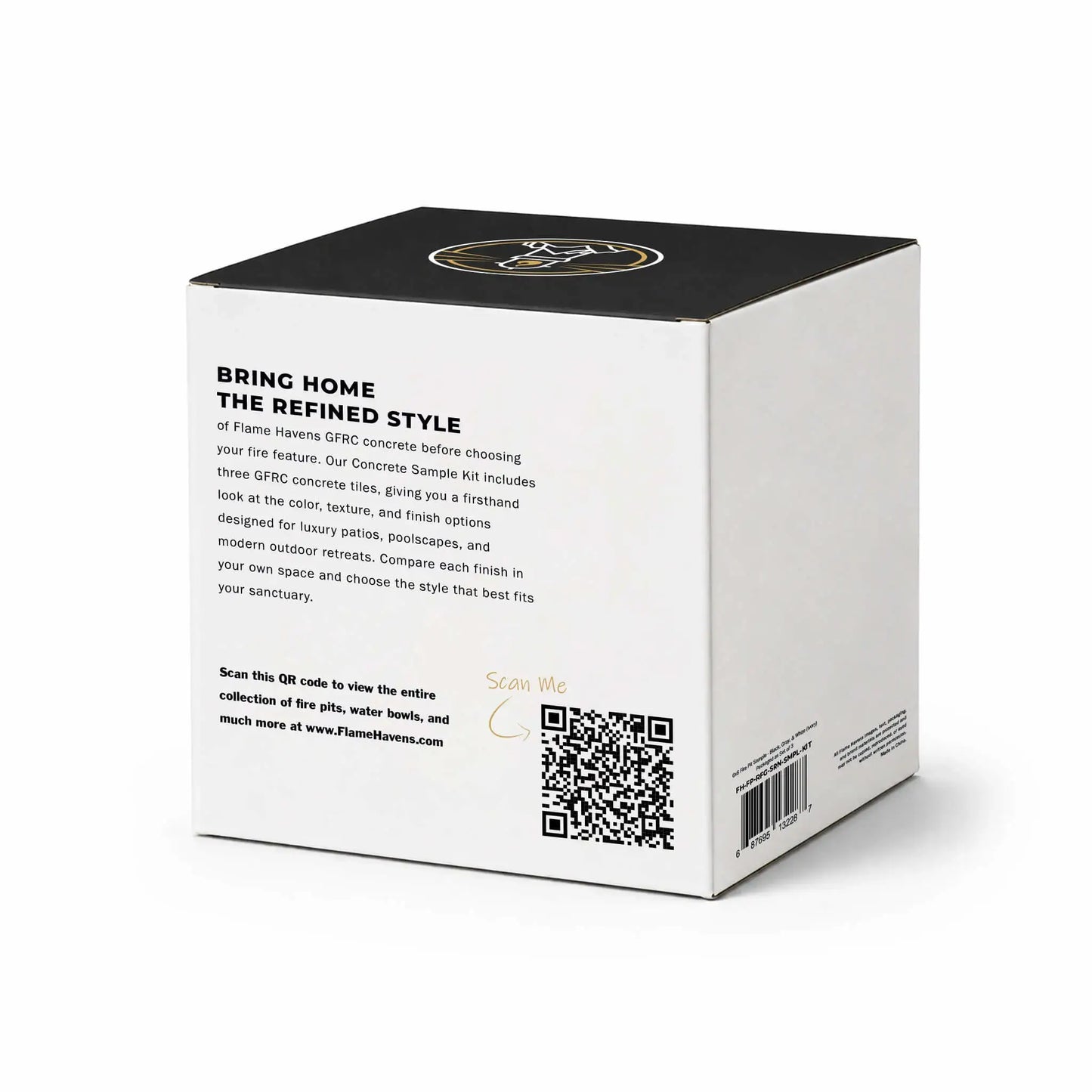 Back view of the Flame Havens GFRC Concrete Sample Kit packaging from the Refuge and Serenity Series collection, featuring a clean white box with black top panel and Flame Havens logo. The packaging includes descriptive text about GFRC concrete sample tiles, luxury outdoor fire feature finishes, and modern patio design inspiration. A QR code labeled “Scan Me” directs customers to FlameHavens.com, while a product barcode and small product specifications appear on the side panel. Minimalist ecommerce-style pr