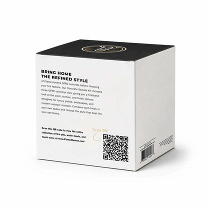 Back view of the Flame Havens GFRC Concrete Sample Kit packaging from the Refuge and Serenity Series collection, featuring a clean white box with black top panel and Flame Havens logo. The packaging includes descriptive text about GFRC concrete sample tiles, luxury outdoor fire feature finishes, and modern patio design inspiration. A QR code labeled “Scan Me” directs customers to FlameHavens.com, while a product barcode and small product specifications appear on the side panel. Minimalist ecommerce-style pr