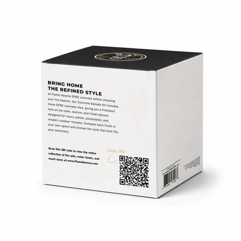 Back view of the Flame Havens GFRC Concrete Sample Kit packaging from the Refuge and Serenity Series collection, featuring a clean white box with black top panel and Flame Havens logo. The packaging includes descriptive text about GFRC concrete sample tiles, luxury outdoor fire feature finishes, and modern patio design inspiration. A QR code labeled “Scan Me” directs customers to FlameHavens.com, while a product barcode and small product specifications appear on the side panel. Minimalist ecommerce-style pr
