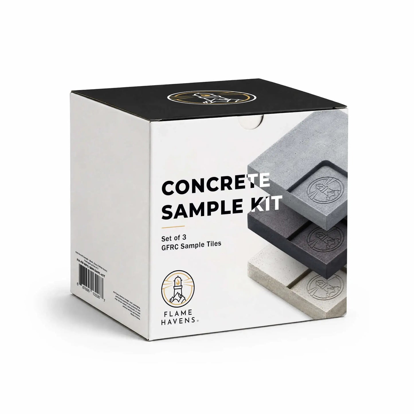 Front view of the Flame Havens GFRC Concrete Sample Kit box from the Refuge and Serenity Series, showcasing modern packaging with bold “Concrete Sample Kit” typography and stacked GFRC concrete sample tiles in multiple finish colors including light gray, charcoal, and off-white. The white box features the Flame Havens logo, black top panel with branded emblem, product barcode on the side, and clean luxury-inspired design intended for outdoor fire pit and patio finish selection. Studio-style product image is