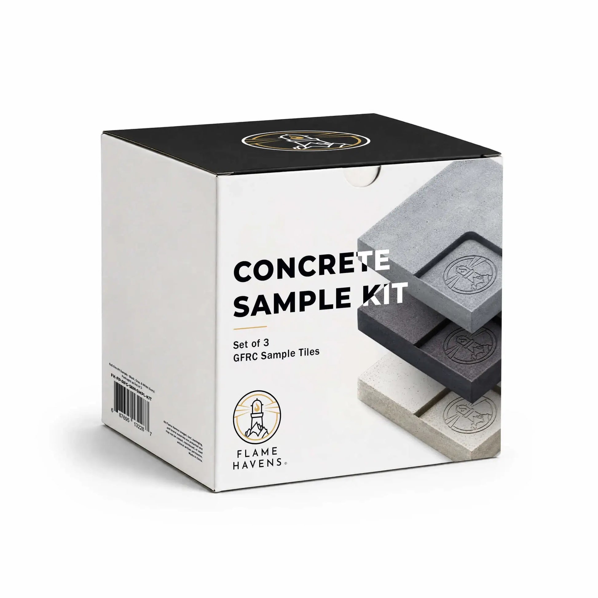 Front view of the Flame Havens GFRC Concrete Sample Kit box from the Refuge and Serenity Series, showcasing modern packaging with bold “Concrete Sample Kit” typography and stacked GFRC concrete sample tiles in multiple finish colors including light gray, charcoal, and off-white. The white box features the Flame Havens logo, black top panel with branded emblem, product barcode on the side, and clean luxury-inspired design intended for outdoor fire pit and patio finish selection. Studio-style product image is