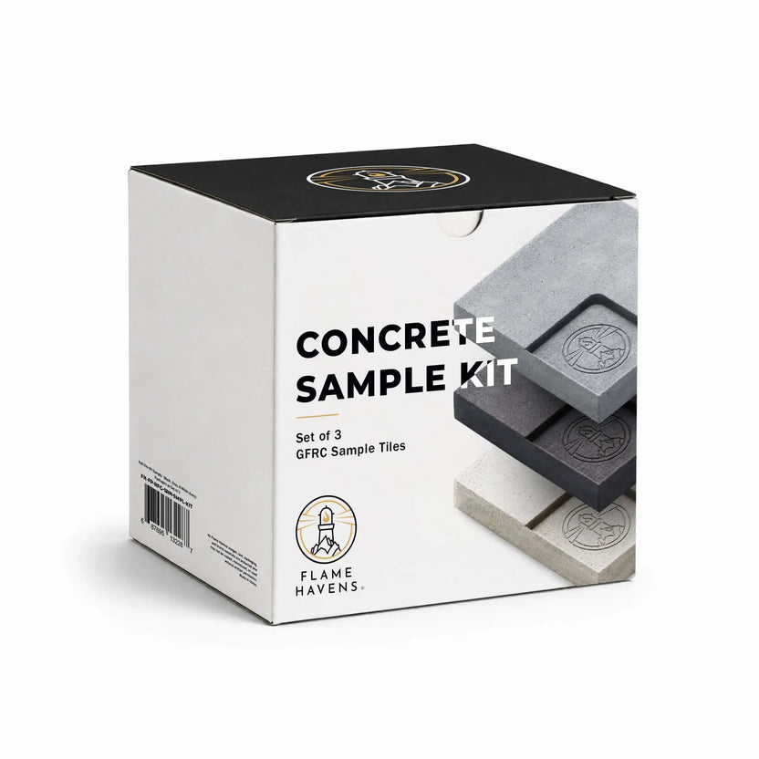 Front view of the Flame Havens GFRC Concrete Sample Kit box from the Refuge and Serenity Series, showcasing modern packaging with bold “Concrete Sample Kit” typography and stacked GFRC concrete sample tiles in multiple finish colors including light gray, charcoal, and off-white. The white box features the Flame Havens logo, black top panel with branded emblem, product barcode on the side, and clean luxury-inspired design intended for outdoor fire pit and patio finish selection. Studio-style product image is